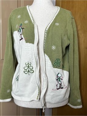 Christopher & Banks Olive and Cream Snowman Zip Cardigan Sweater